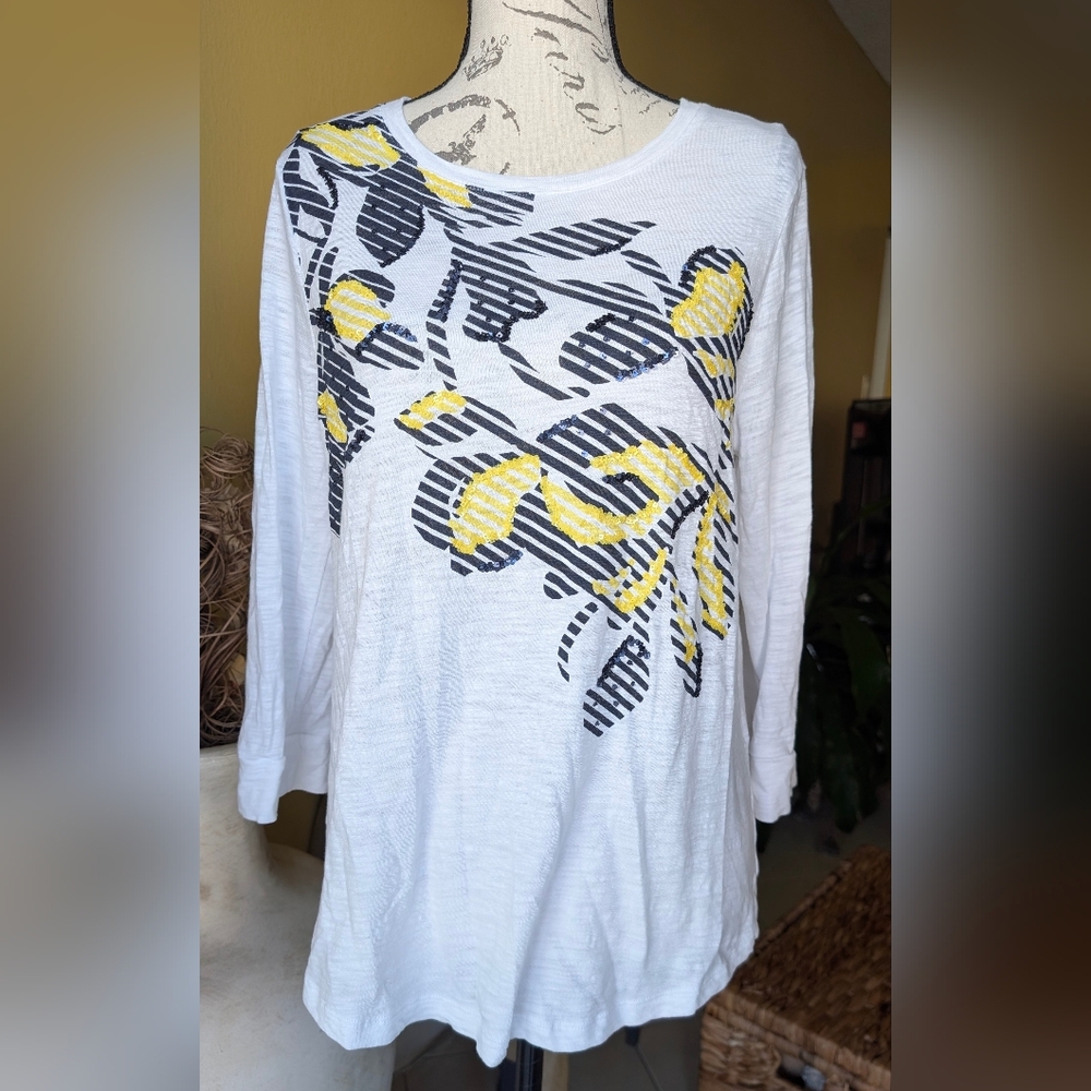 Chico's Cotton White Yellow & Black Graphic Long Sleeve Blouse Shirt Size Medium